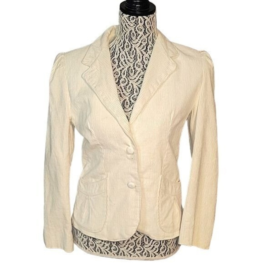 HUNTERS GLEN Corduroy Blazer Ivory Fitted Two Button Jacket Career Casual Classi